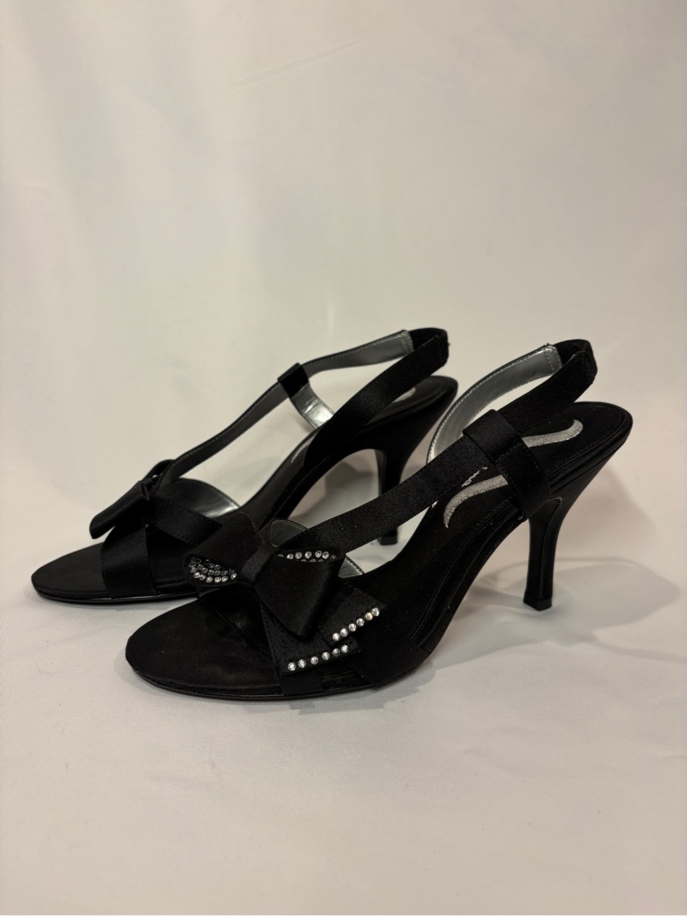 Nina Black Satin Heels w/ Bedazzled Satin Bow